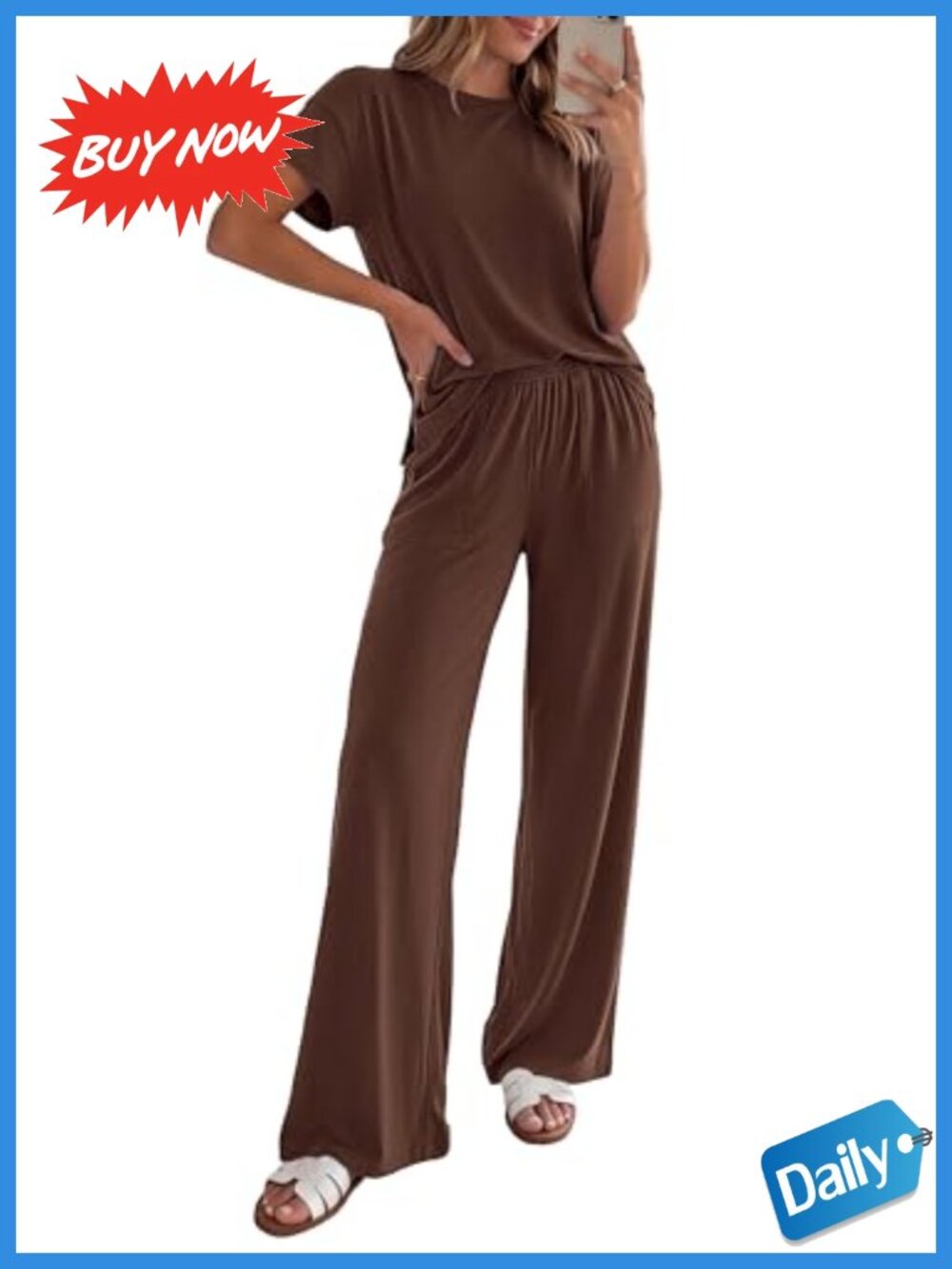 Women's 2 Piece Lounge Set Short Sleeve Crewneck Wide Leg Pants Pockets